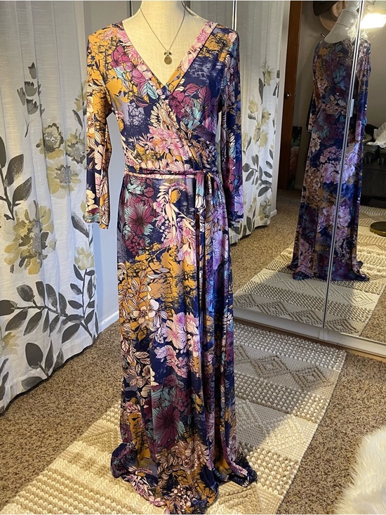 Tua Dresses & Skirts - Floral Wrap Maxi Dress in Purple Navy and Mustard